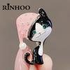 Rinhoo Cute Black Cat Wearing Pink Hat Brooches For Women Girls Green Eye Little Kitten Enamel Pins Animal Corsage Party Jewelry
