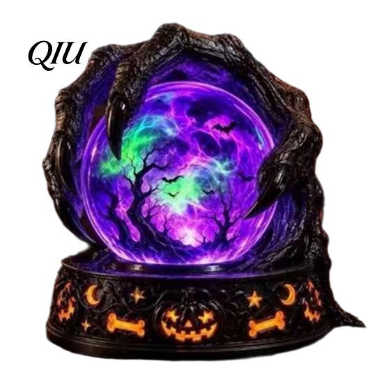 Decorative Window Ornament LED Lighted Halloween Faux Crystal Ball Decoration, Resin Witch/Skeleton/Cat/Ghost Figurine with Detailed Claw Bone
