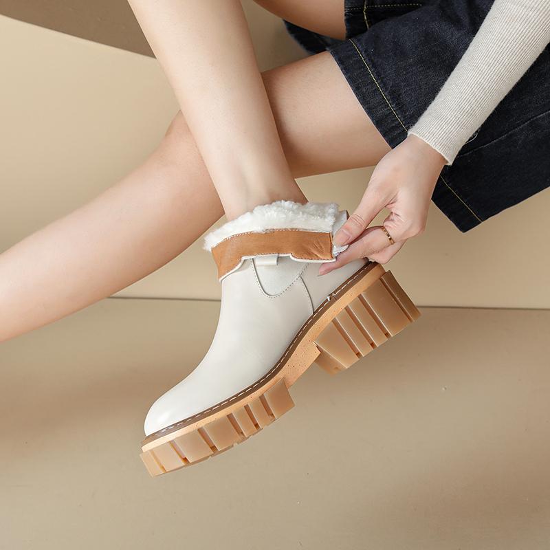 2024 Winter Warm Women Ankle Boots Concise Genuine Leather Wool Thick Heels Back Zipper Shoes Woman Working Casual Snow Boots