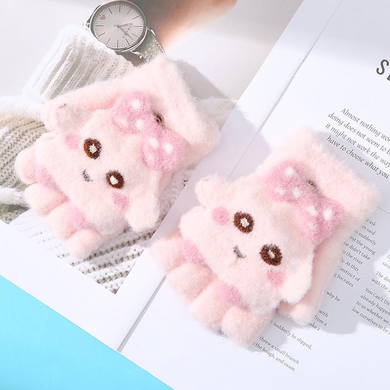 Cartoon Cute Children's Half Finger Flap Warm Gloves In Autumn and Winter Cold Proof and Thickened Baby Girl Writing and Riding A Bicycle Five-finger
