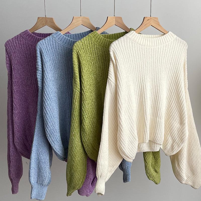 Женский короткий однотонный вязаный свитер с круглым вырезом и длинными рукавами из шенилла, свободный базовый свитер