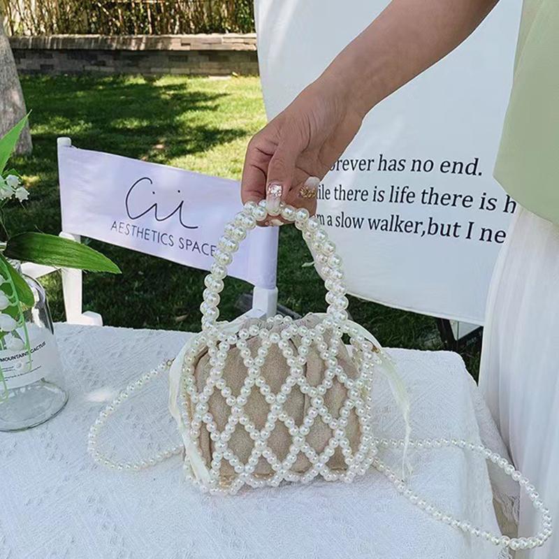 Yogodlns Сумочка в стиле французского ретро, тканая из феи, сумка-мешок из бисера, сумка через плечо, летняя нишевая дизайнерская сумка с выдолбленным жемчугом