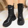 Women's Black PU Leather Mid Calf Boots Fashion Buckle Strap Platform Combat Boots Women Thick Sole Non Slip Motorcycle Shoes