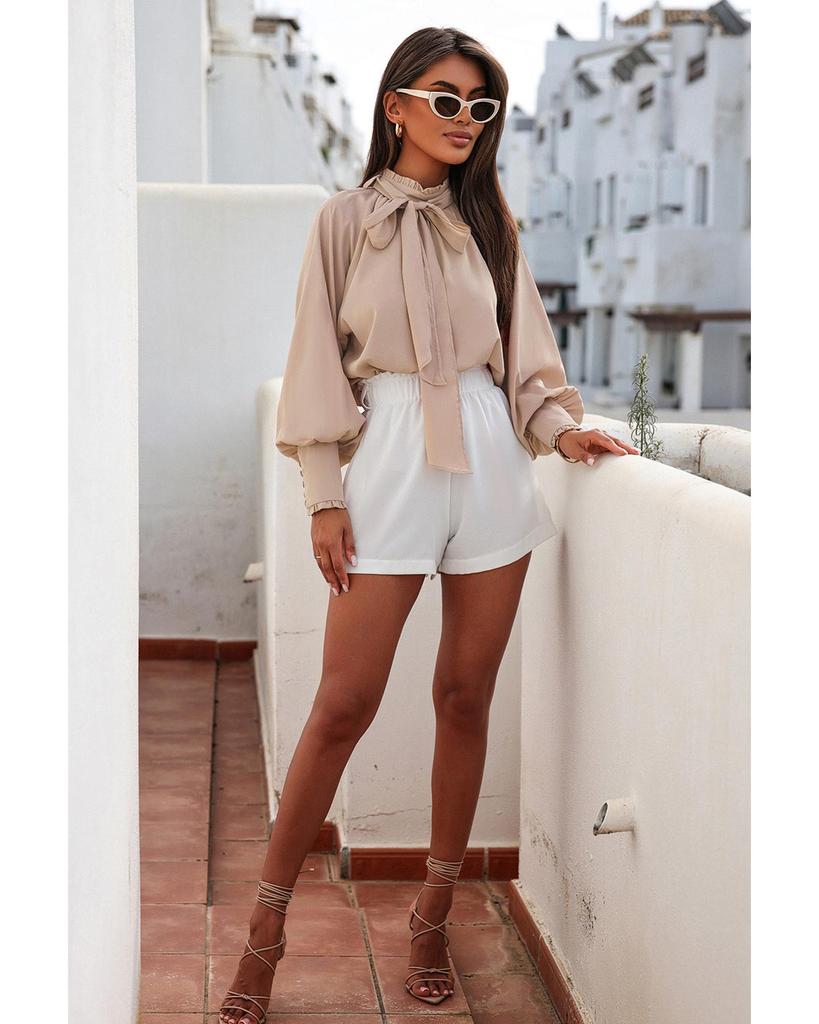 Azura Exchange Khaki Frilled Knotted Blouse with Bishop Sleeves