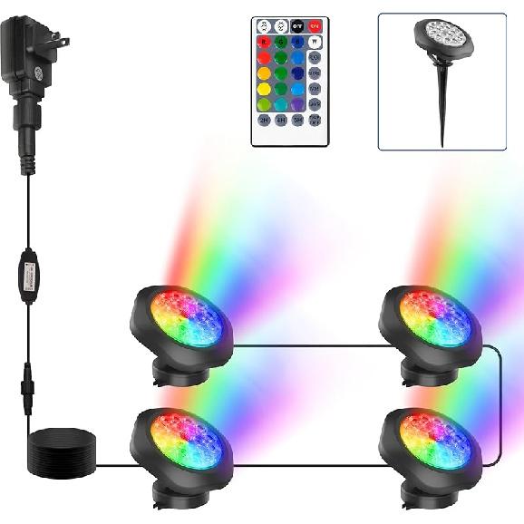 RGBW Pond Lights with Timer, 18 LED Super Bright Underwater Submersible Fountain Lights Color Changing Spotlights, Remote Control IP68 Waterproof for