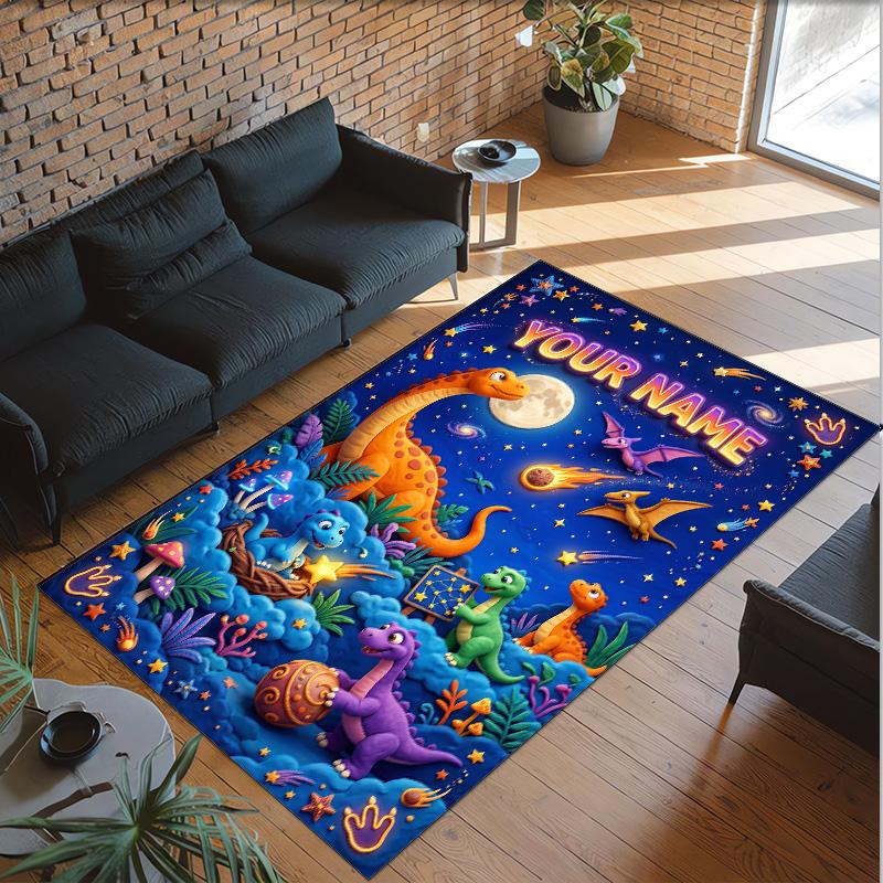 Dinosaur Theme Crystal Velvet Rug Personalized Custom Name Text Soft Floor Mat Home Decor