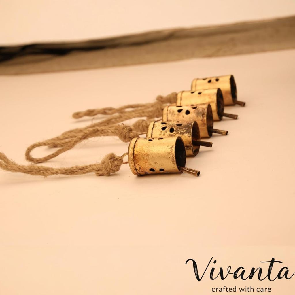 10 Pcs Rustic Gold Floral Cutout Bells with Rope, Handmade Vintage Wind Chimes for Porch, Farmhouse Christmas Tree Ornaments, Boho DIY Craft Supplies