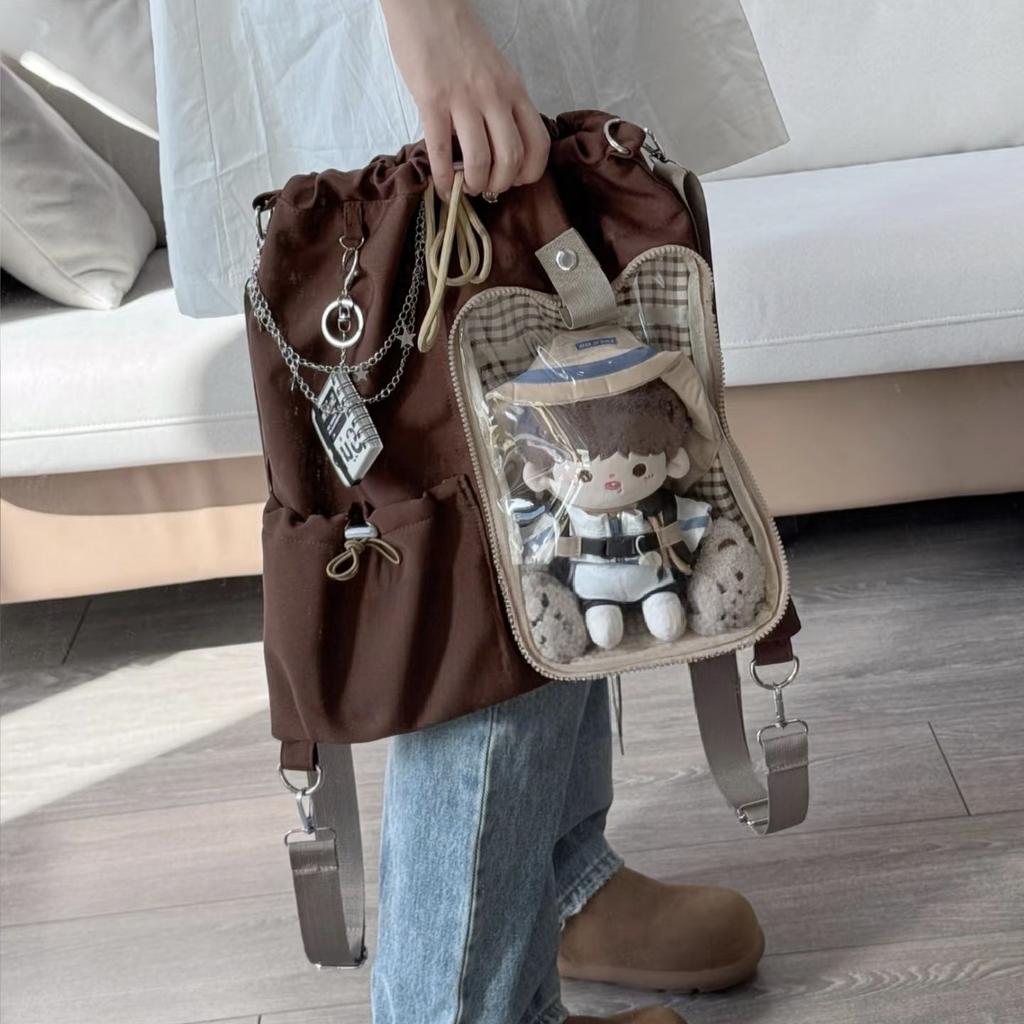 Cute Bow Backpack Ladies Drawstring  Harajuku Aesthetic Ita Bag Female Wide Strap 20cm Doll Crossbody Large Capacity Cotton Bag