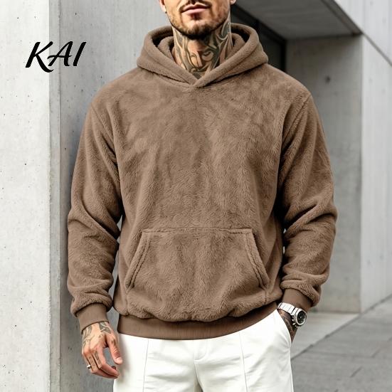 Soft Velvet Hooded Sweatshirt Men Plush Hoodie, Teddy Fleece Pullover with Kangaroo Pocket, Loose Warm Autumn Winter Apparel Fit Fuzzy Jumper