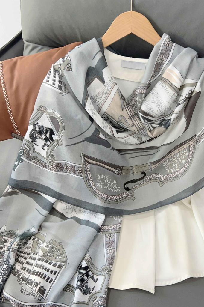 Musical Scarf with Violin and Musical Notes Motif - 100% Viscose, 180X85