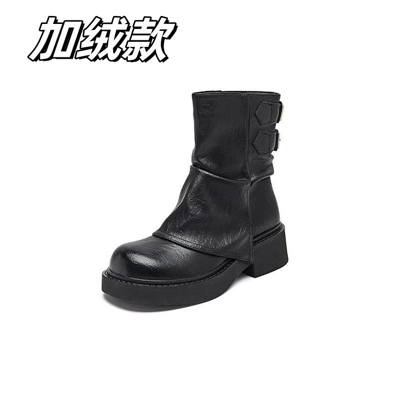 [Fanfna] Short Boots Women's Spring Thicksole Brown Pants Single Boots Knight Medium Boots Children
