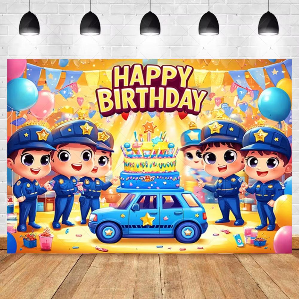 Cartoon Police Backdrop Police Station Car Background Banner Kid Birthday Party Decoration Baby Shower Supplies Photography Prop