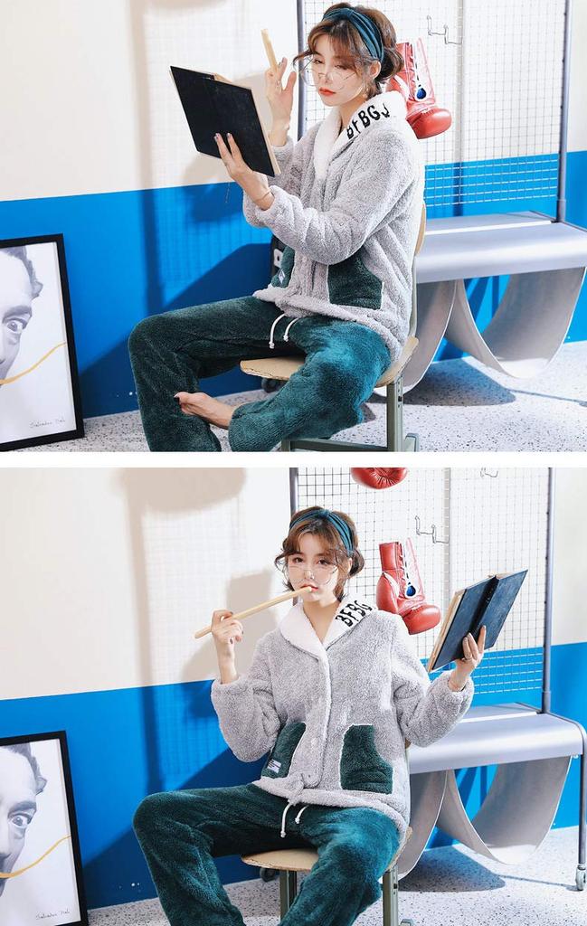 YANIKO Fluffy Loungewear Cardigan Set for Women's Fall/Winter (Green, XL)