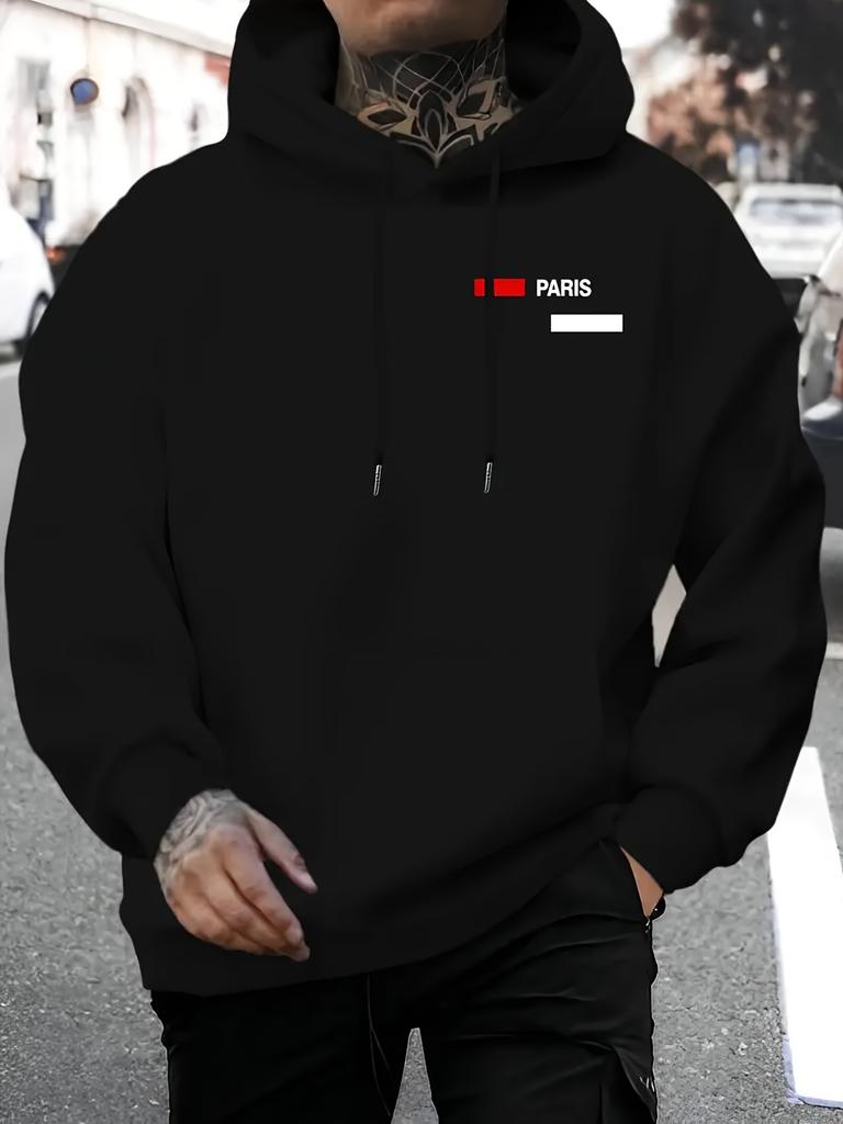 With Paris Letter Print 250G Heavyweight Pullover with Pocket Adjustable Drawstring for Unisex Warm Sweatshirt, Cozy Four Seasons