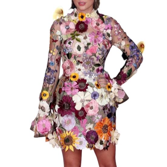 Весеннее женское платье с красочной цветочной вышивкой, кружевное прозрачное сетчатое платье с длинными рукавами, облегающее платье-футляр