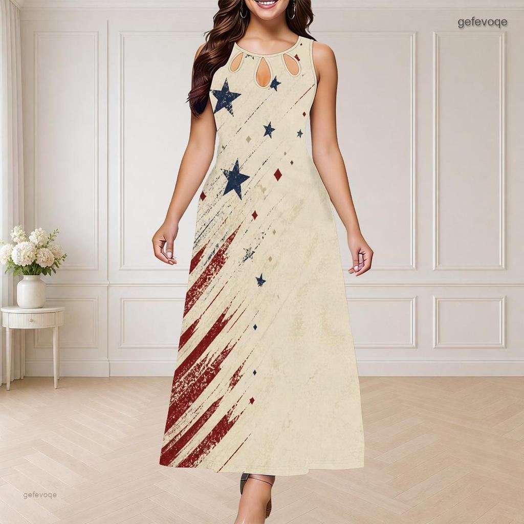 Women Plus Size Round Neck Triple Keyhole Cutout Sleeveless Vintage Flag Printed Long Dress