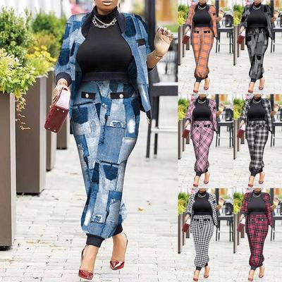 Женский костюм с принтом «гусиная лапка», свободное пальто на молнии с длинным рукавом, брюки, комплект из двух предметов