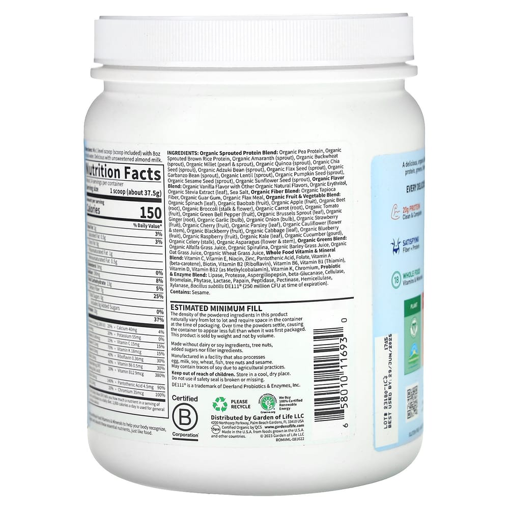 Garden of Life Raw Meal Replacement Shake Vanilla 525g (1lb 2.52oz)
