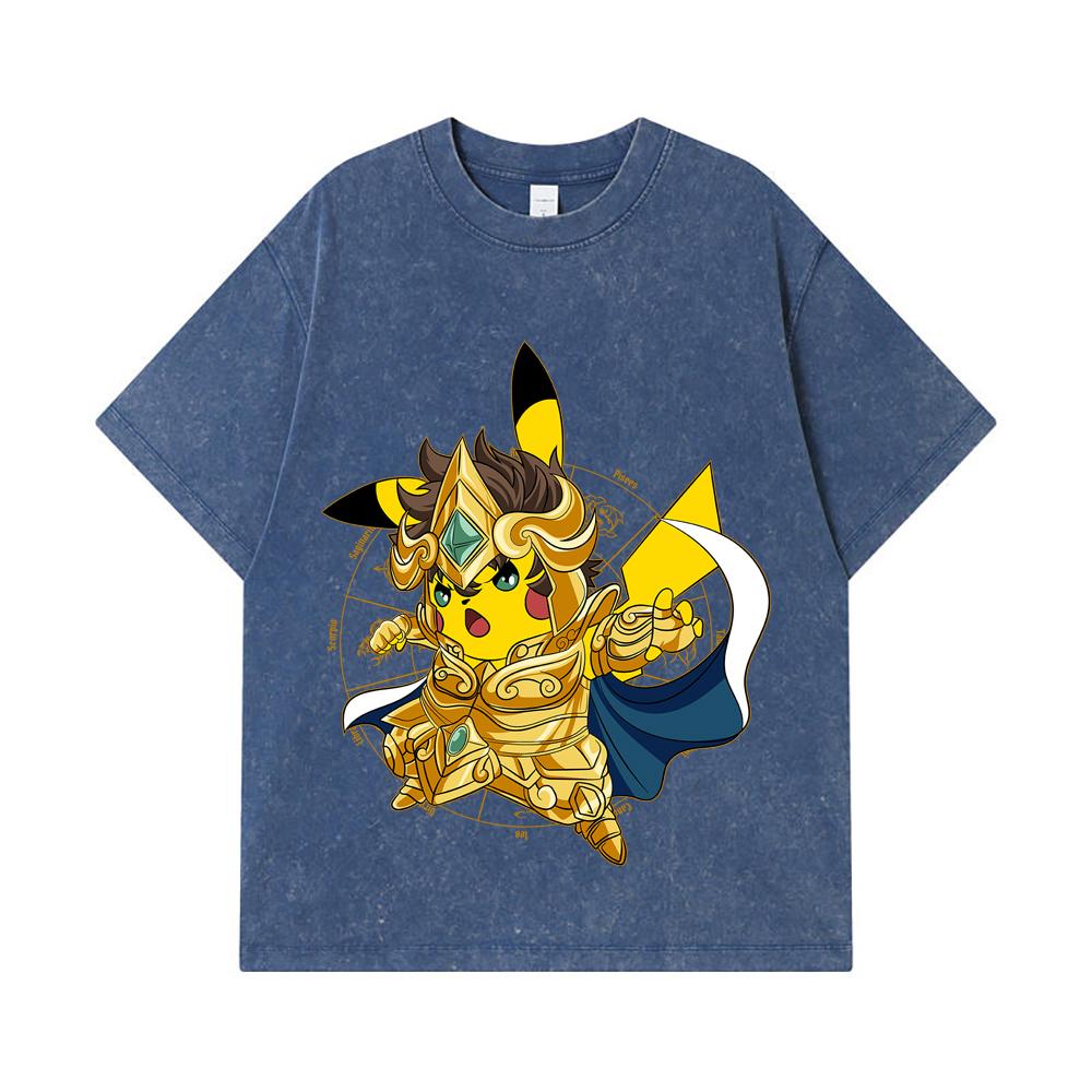 275 GSM Washed T-shirts 100% Cotton Pokemon V25 Pikachu Leo Print Unisex Heavy Cotton T Shirt