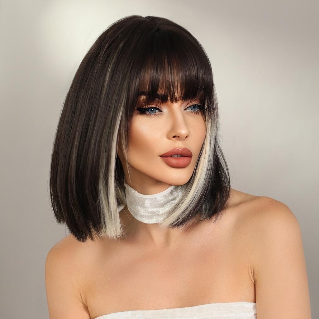 Выделите прямой парик боб для женщин, повседневный парик для косплея, синтетические черно-белые волосы, парики с челкой, термостойкие