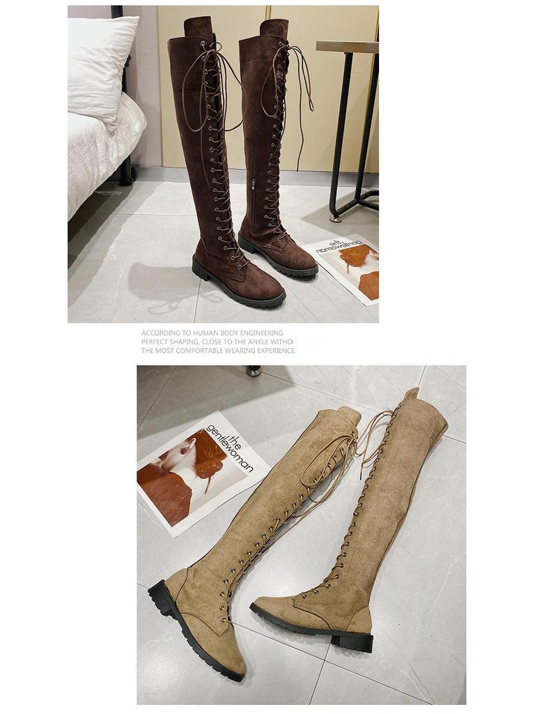 European & American Style Lace-Up Over-the-Knee Round Toe Long Boots for Women, Large Size 43, Autumn/Winter 2020.