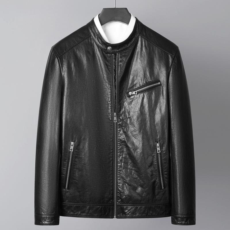 Genuine Leather Jacket Men's Slim-fit Waxed Calfskin Stand-up Collar Spring and Autumn Youth Jacket Leather Jacket Men's New Genuine Leather