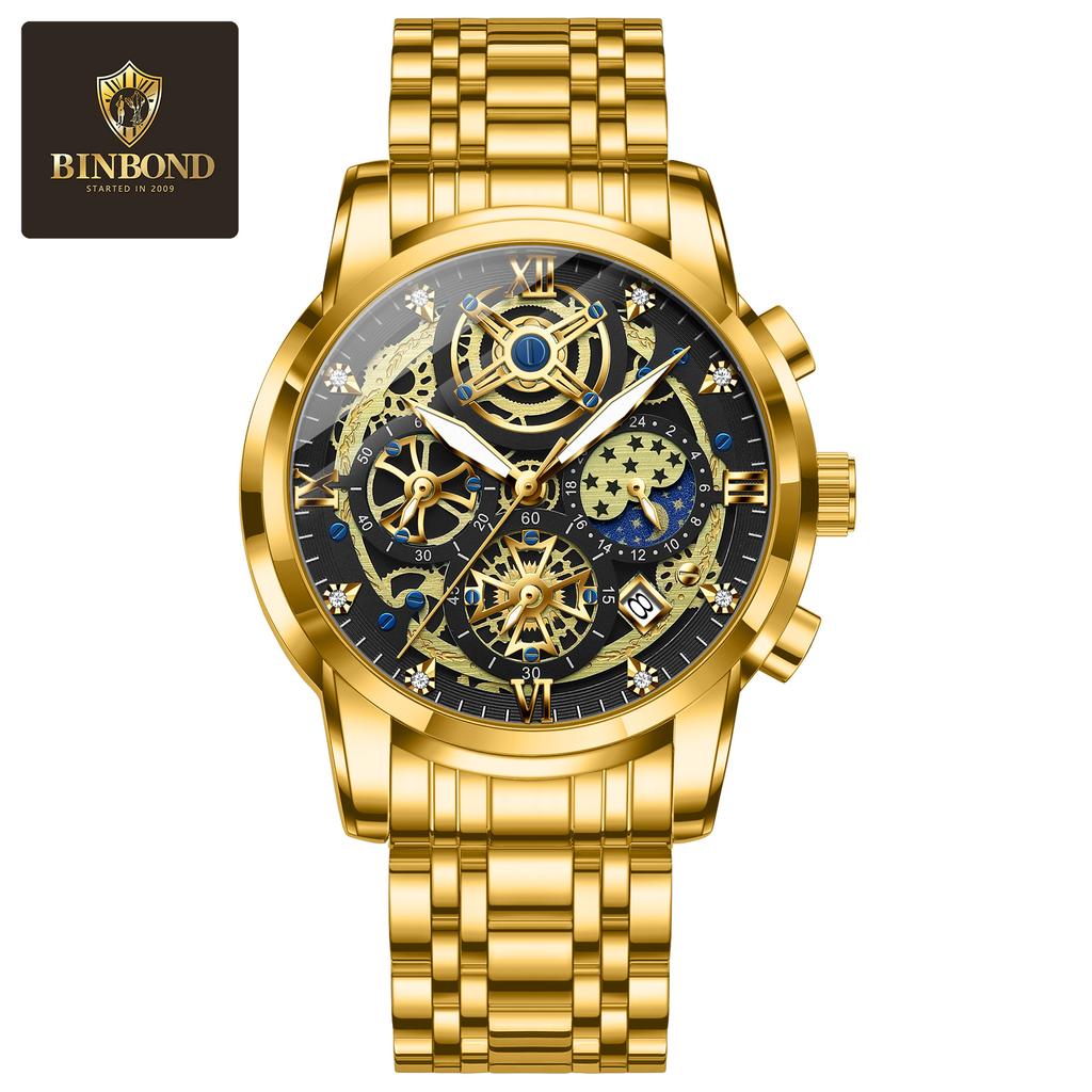 BINBOND Luxury Man Watch Waterproof Luminous Chronograph Date Men Watch Stainless Steel Quartz Men's Watches