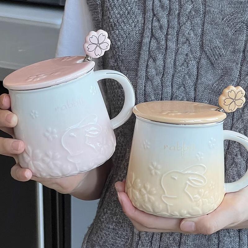 PINYU Ceramic Mug Coffee Cup High-Quality Mug with Lid And Spoon Creative Water Cup Tea Cup Home Use Light Pink