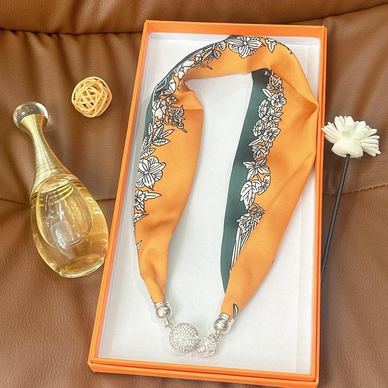 Silk Scarf Women's Spring, Autumn and Summer New Fashion Neck Protection Decoration Long Necklace Type Magnetic Buckle Scarf Small Scarf