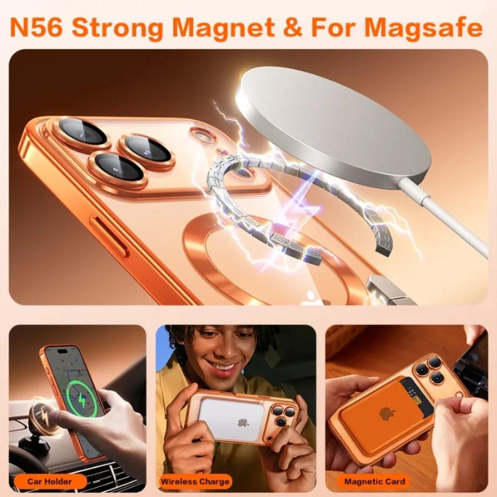 Модный прозрачный чехол с оранжевой магнитной рамкой для For Iphone Air 17 16 15 14 13 12 11 Pro Max Plus Беспроводная зарядка Покрытие Мягкий деловой чехол