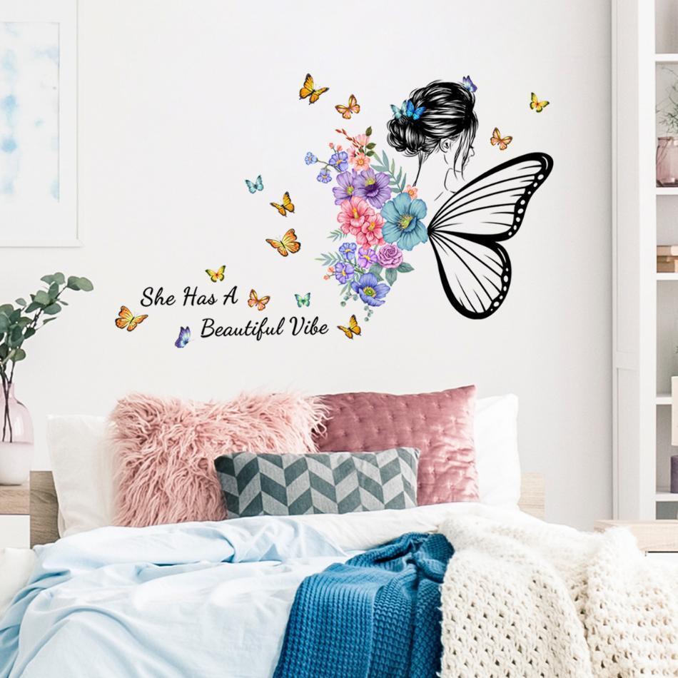 2 Pcs Wall Sticker Butterfly English Slogan Girl Flower Wall Sticker Paper Living Room Decoration Self Adhesive