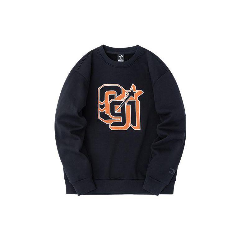 Anta Сплошной цвет с принтом логотипа, пуловер на флисовой подкладке, топы унисекс, черный 152248725-4