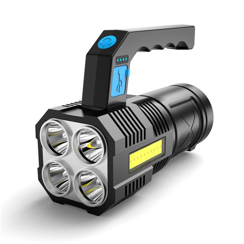 Rechargeable Cross-Border COB LED Flashlight with Four Bright Lights and Long-Range Spotlight.