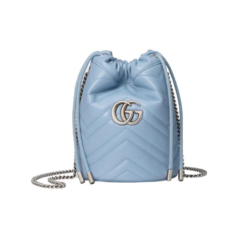 Gucci crossbody bag GG Marmont Silver Label Logo Quilted Leather Drawstring Bucket Chain Shoulder Mini Women's Light Blue Candy Color Unicorn Color