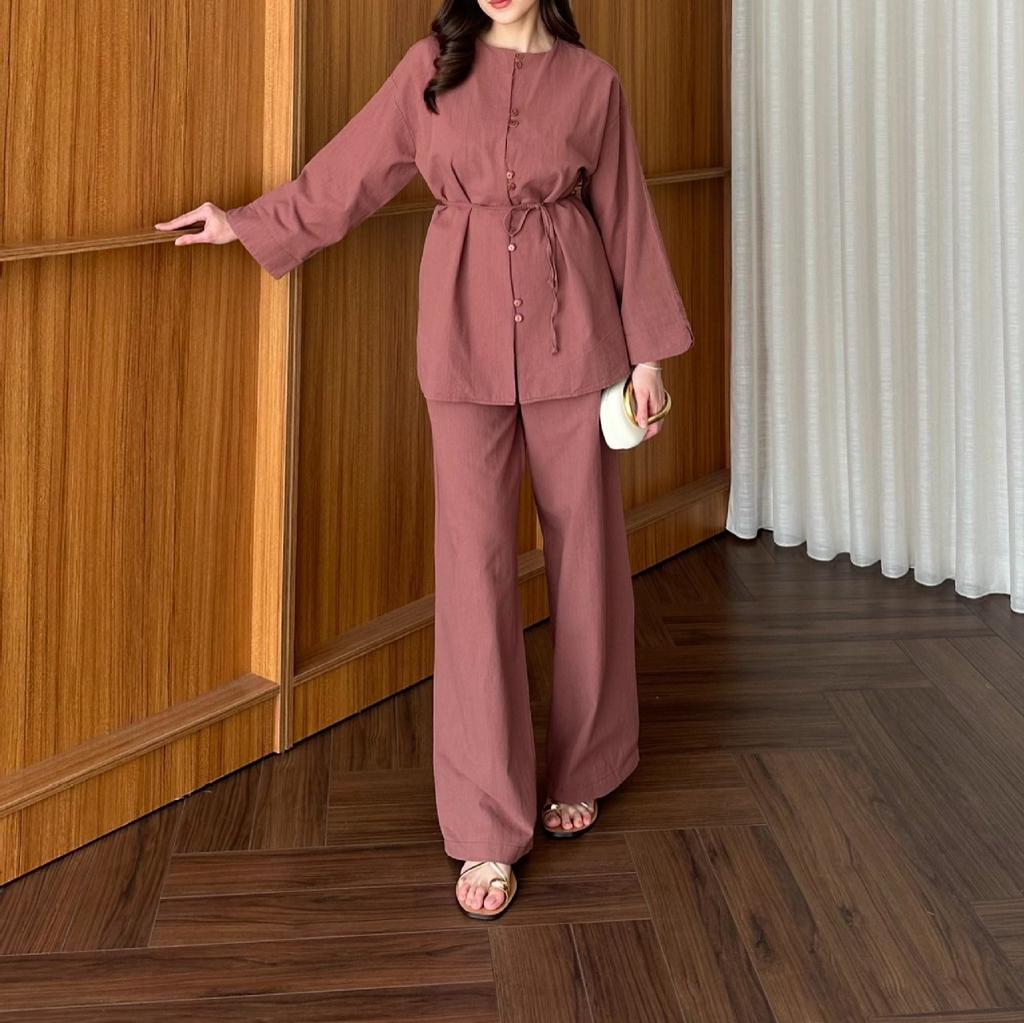 European and Women's New Button Crew Neck Long Sleeve Lace Up Waist Top Wide Leg Pants Casual Suit