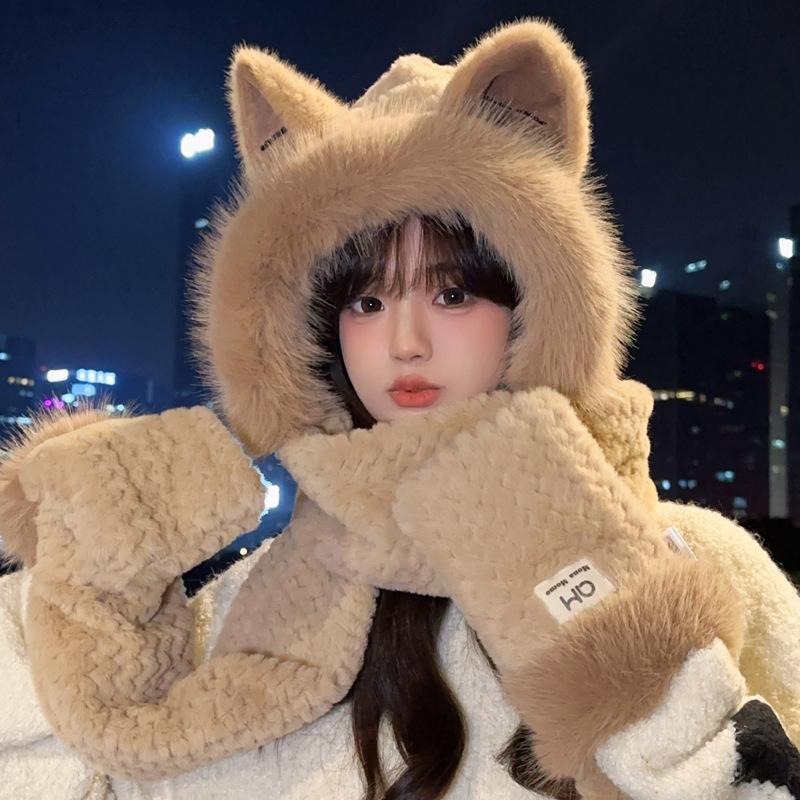 Cute Firefox Hairy Hat Scarf Gloves Integrated Women's Winter Warm Cold Ear Protection Riding
