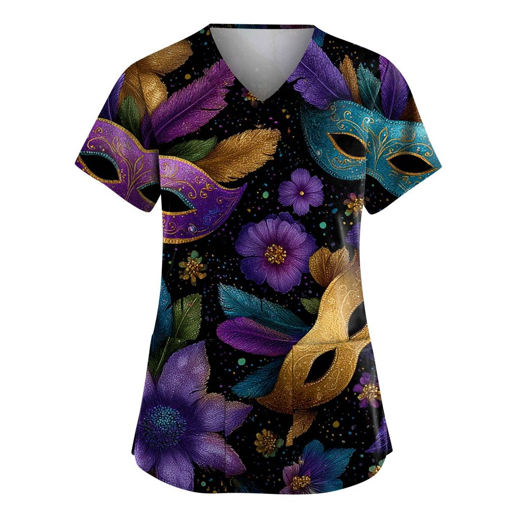 Женская модная рабочая одежда с V-образным вырезом и короткими рукавами, с карманами, топ с карнавальным принтом, униформа для сиделки