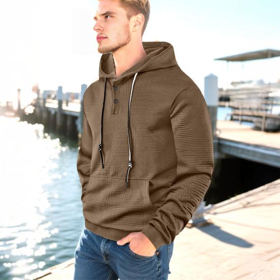 Men Hoodie Jacquard Texture Hooded Drawstring Long Sleeve Pullover Tops with Front Pocket Solid Color Spring Autumn Tops