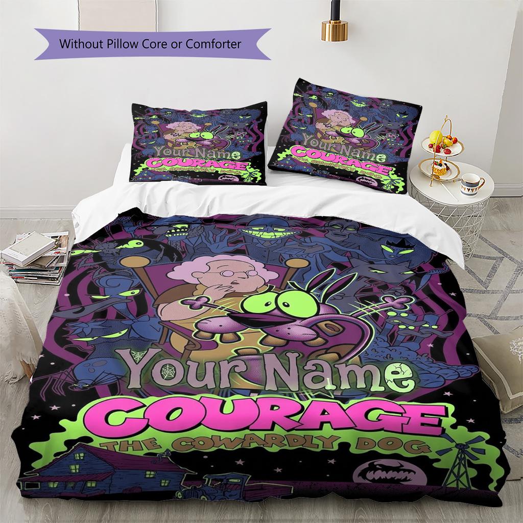 Courage Cowardly Dog Horror Custom Name Pattern Bedding Quilt Set Quilt Cover Pillowcase Home Birthday Gift(1 * duvet cover + 2 * pillowcase, without