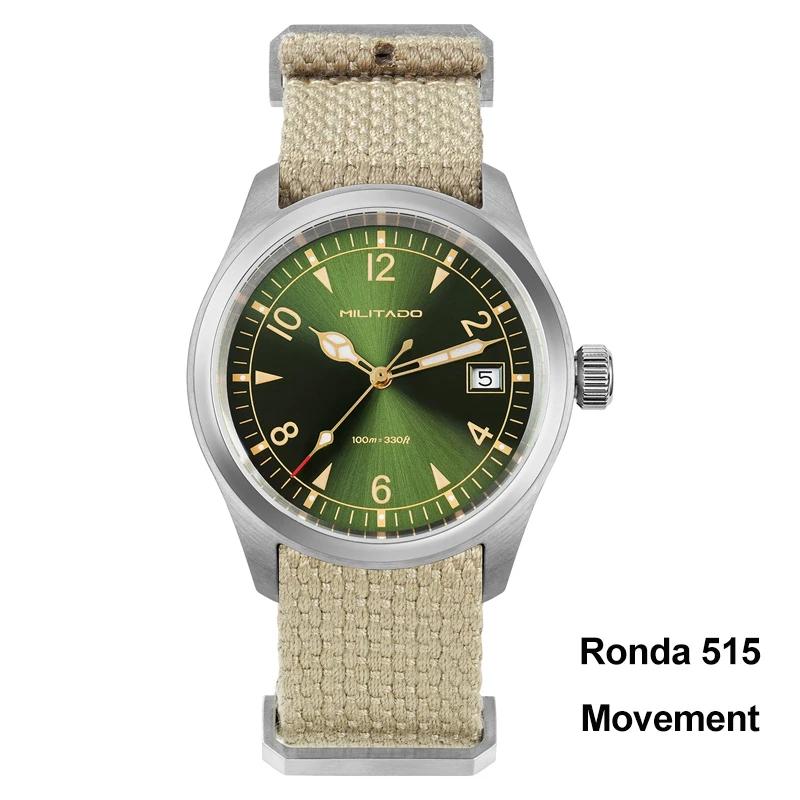 Мужские военные часы Militado ML08 с механизмом Ronda 515, сапфировым стеклом, люминесцентными метками, в винтажном стиле, водозащитой 10 Бар, из нержавеющей стали
