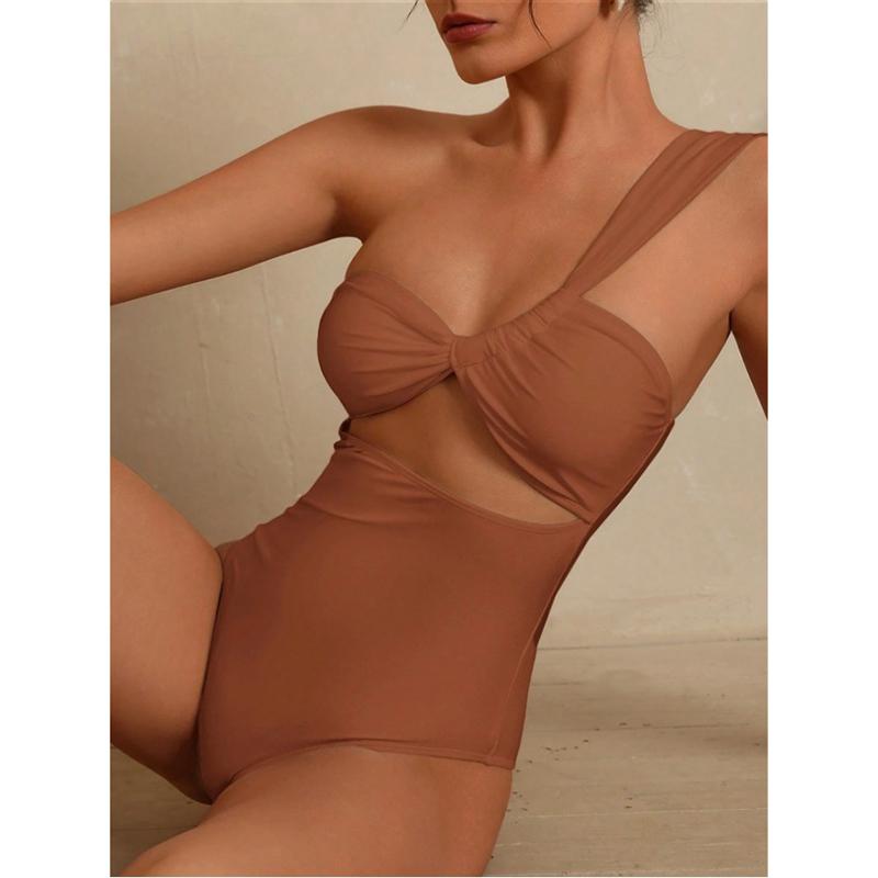 One Shoulder Women's One Piece Swimsuit Sexy Hollow Out Pleate Tummy Control Swimwear Beach Bathing Suit