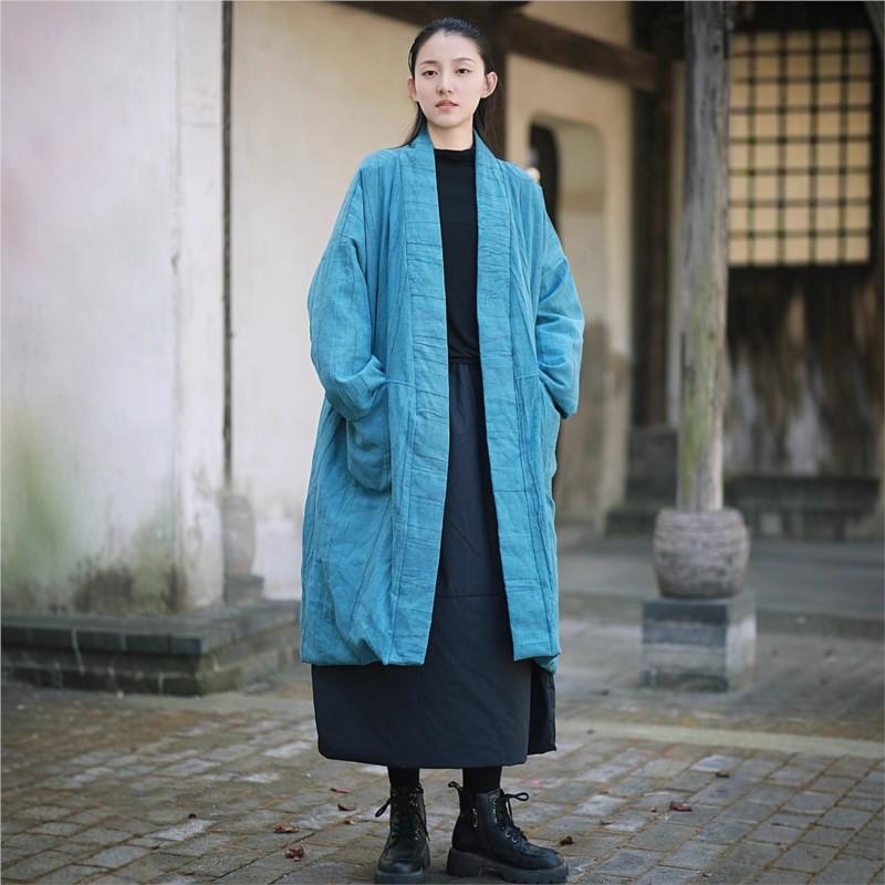 Johnature Women Vintage V-Neck Long Sleeve Patchwork Pockets Coats Winter Warm Coat