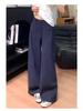 Navy Blue Textured Wide-Leg Petite Pants for Women 145cm - XS, Spring & Autumn Casual Workwear