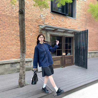 Джинсовая рубашка для женщин с весенними нарядами, новый стиль, гонконгский стиль, синяя многослойная рубашка-куртка в ретро-стиле свободного кроя с длинными рукавами