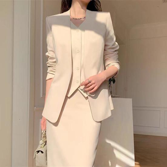 2 Pcs/Set Women Suit Coat Skirt Set Formal Business Style Long Sleeves Open Sticth Coat High Waist Slim Fit A-line Midi Skirt Outfit