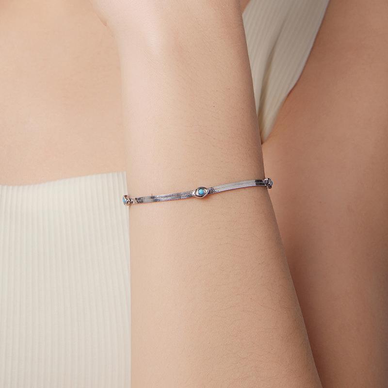 Bamoer 925 Sterling Silver Devil's Eye Bracelets Wide Flat Snake Chain Turquoise Charm Bangle Adjustable for Women Retro Gift