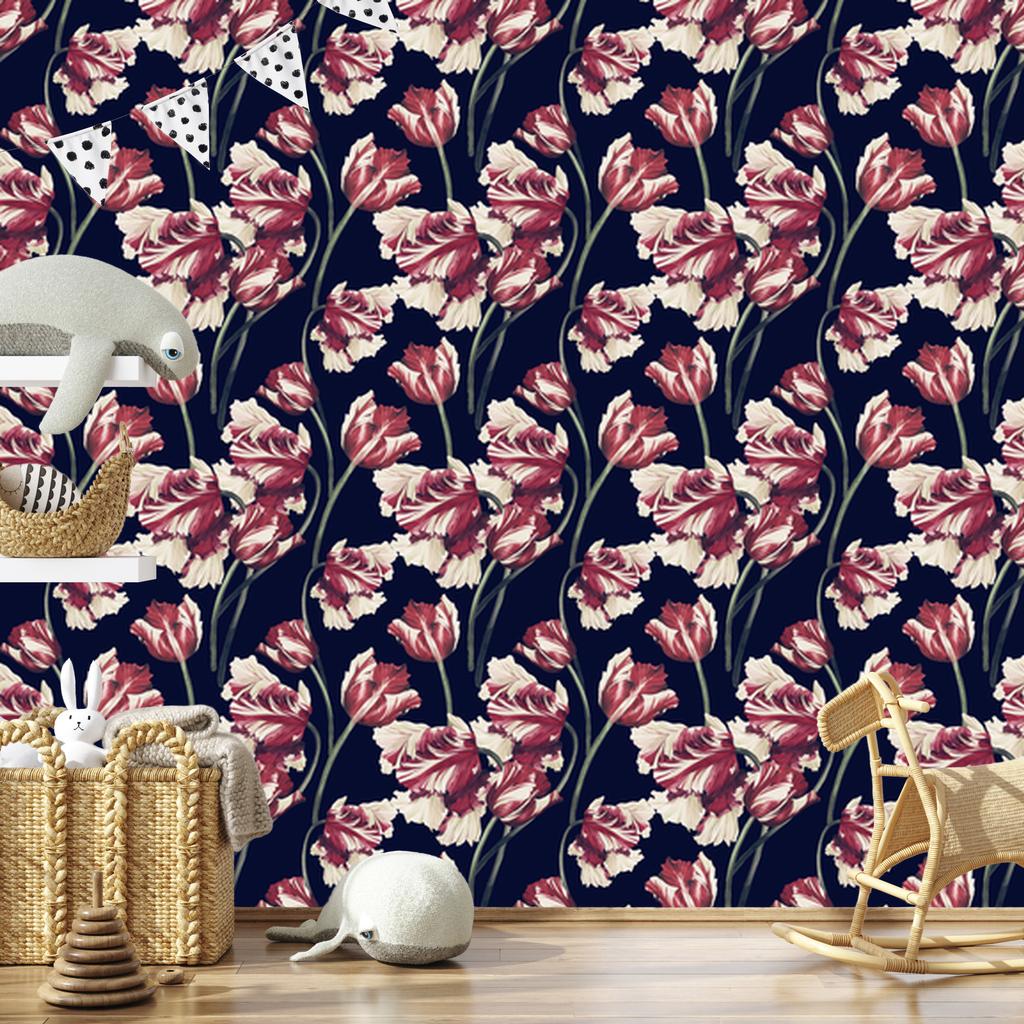 White and red tulips wallpaper for living room and bedroom 50x1000