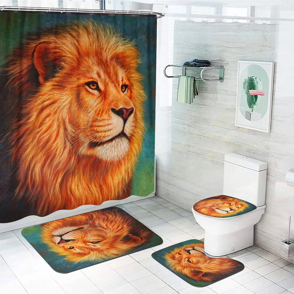 Lion King Simba Shower Bath Set Cute Cartoon Curtain Luxury Accessories Sets Full Mats, Gifts for Boys 4 Pcs