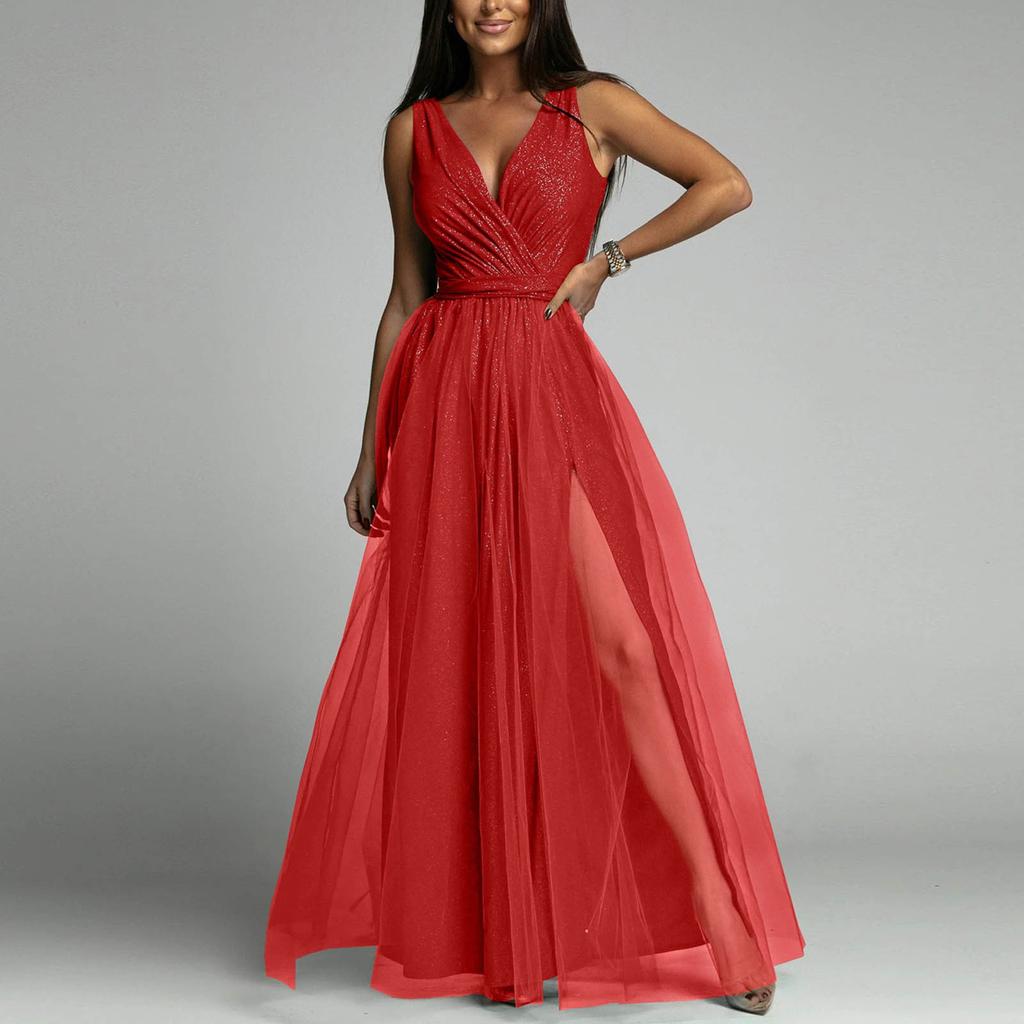 Женское сексуальное блестящее платье с высокой талией и v-образным вырезом, длинное платье