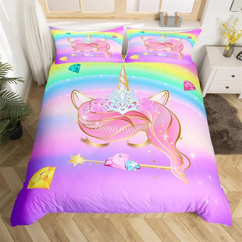 Cartoon Unicorn Duvet Cover Twin King Smiling Eyelash Rainbow Bedding Set For Kids Girls Microfiber Magical Animal Quilt Cover